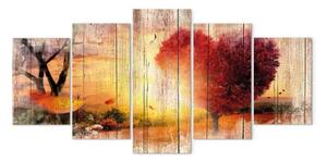 Quadro contemporaneo Amore autunnale (5 pezzi) - prato baciato dal sole e foglie rosa