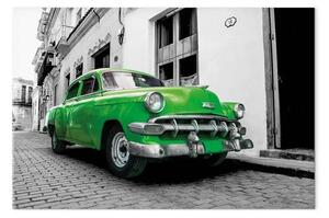 Quadro contemporaneo Auto cubana verde - città e auto in bianco e nero