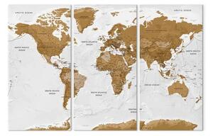 Quadro su tela Mappa mondo: Poesia (3 pezzi) - continenti marroni su bianco