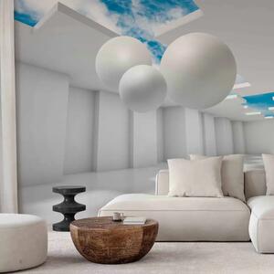 Carta da parati moderna Architettura del futuro - prospettiva ottica con cielo e sfere in tonalità chiare