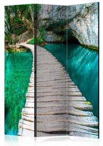 Paravento design Lago smeraldo - paesaggio di un lago con ponte di legno