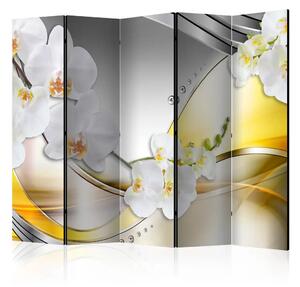 Paravento separè Viaggio giallo II - orchidee bianche su sfondo astratto argento
