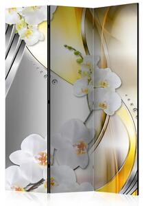 Paravento design Viaggio giallo - orchidee bianche su sfondo argento e giallo