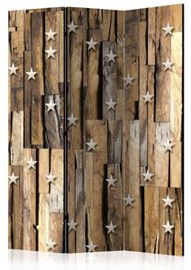 Paravento design Costellazione di legno - stelle metalliche su sfondo di legno marrone