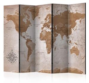 Paravento design Viaggi orientali - mappa orientale del mondo con continenti marroni