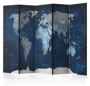 Paravento design Mondo blu navy - mappa del mondo blu su sfondo di texture di legno