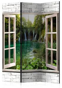 Paravento design Tesoro verde - finestra su cascata e alberi