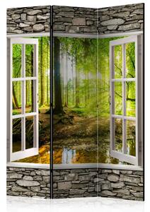 Paravento design Foresta al mattino - finestra con vista sulla natura boschiva