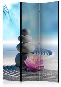 Paravento Giardino Zen - pietre e pianta in stile Zen su sabbia e sfondo blu