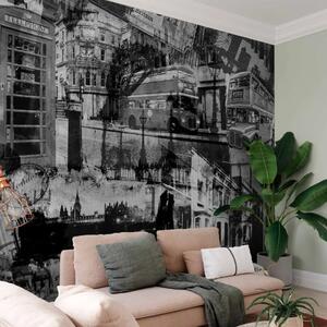 Carta da parati moderna Londra - collage in bianconero con elementi di architettura e motori