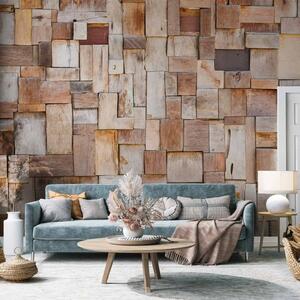 Carta da parati moderna Mosaico di larice - blocchi di legno in tonalità marrone chiaro