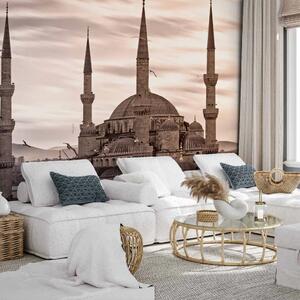 Carta da parati moderna Moschea Blu - Istanbul - panorama architettonico su cielo rosa