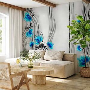Carta da parati Turchesi Fioriti - fiori blu su sfondo con ornamenti luccicanti