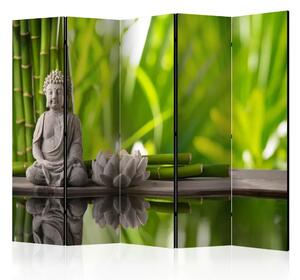 Paravento design Meditazione II - Buddha in pietra su sfondo di bambù