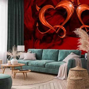 Carta da parati moderna Astrazione con amore - cuori con corna su sfondo rosso