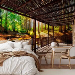Carta da parati Terrazza nascosta nei boschi - un balcone in legno con alberi e un fiume sullo sfondo