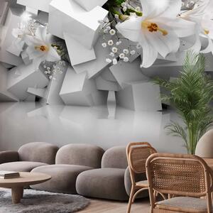 Carta da parati moderna Persi nel caos - fiori di giglio bianchi e forme geometriche su sfondo chiaro