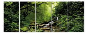 Quadro contemporaneo Cascata nel bosco (5 parti) - pittoresco paesaggio tra gli alberi