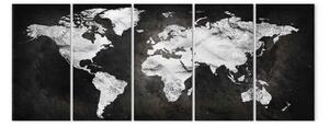 Quadro su tela Mondo inchiostro (5 parti) - mappa estetica del mondo in bianco e nero