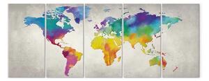 Quadro contemporaneo Mondo colorato (5 parti) - mappa del mondo con continenti colorati