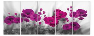 Quadro su tela Fiori di campo: maki (5 parti) - composizione grigio-rosa di fiori