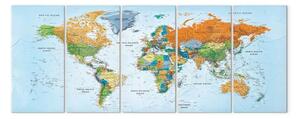 Quadro moderno Mappa dettagliata del mondo (5 pezzi) - i sette continenti a colori