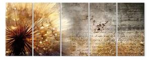 Quadro su tela Soffione dorato (5 parti) - composizione con scritte su calcestruzzo