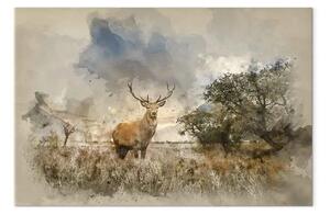 Quadro contemporaneo Cervo nel campo - paesaggio rustico con animale