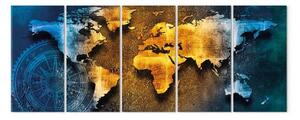 Quadro Ombra blu (5 pezzi) - mappa del mondo con bussola su texture