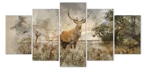 Quadro contemporaneo Cervo nella natura (5 pezzi) - paesaggio con tema animale