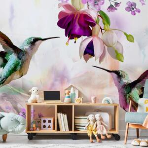 Carta da parati Colibrì - uccelli su sfondo di fiori colorati in toni viola e rosa