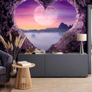 Carta da parati moderna Grotta viola - paesaggio di montagna con luna piena e motivo a cuore