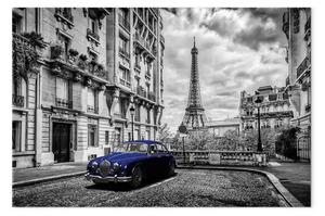 Quadro su tela Auto a Parigi largo - auto blu con sfondo di Parigi