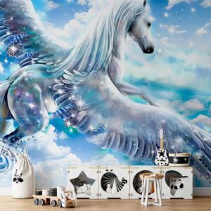 Carta da parati moderna Pegaso blu - cavallo alato sopra le nuvole