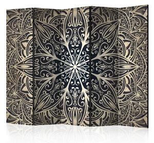 Paravento design Piume marrone II - mandala dorata con accenti marroni su sfondo nero