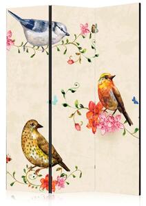 Paravento design Canto degli uccelli - animali su piante su sfondo beige
