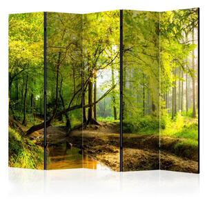 Paravento Radura nel bosco II - paesaggio autunnale con foglie gialle e acqua