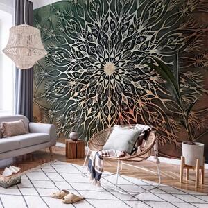 Carta da parati Centro e verde - mandala orientale chiara su sfondo beige