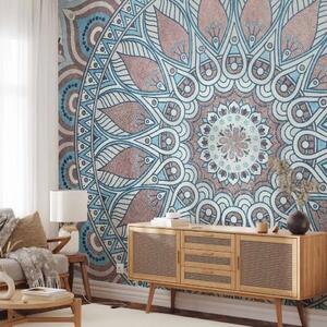 Carta da parati moderna Cerchio orientale - mandala con motivo vegetale in marrone e blu