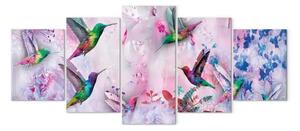 Quadro Colibrì colorati (5 pezzi) largo viola - uccelli e fiori