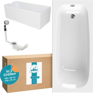 Calmwaters® Premium set completo vasca 170x75 cm Originale, EU, vasca in acrilico 3in1 con supporto vasca e set di scarico, vasca a forma di corpo, vasca rettangolare 170 x 75, 200 l, bianco