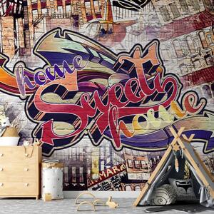 Carta da parati moderna Home sweet home - graffiti colorato con scritta per adolescenti