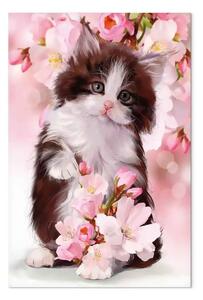 Quadro su tela Gattino dolce verticale - animale sfondo fiori rosa