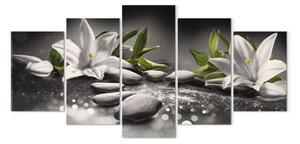 Quadro moderno Fiori di loto e pietre (5 pezzi) largo grigio - natura stile Zen