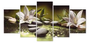 Quadro Fiori di loto e pietre (5 pezzi) largo - natura morta stile Zen