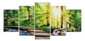 Quadro su tela Ponticello bosco (5 pezzi) largo - pittoresco paesaggio bosco verde