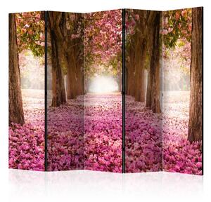 Paravento Boschetto rosa II - alberi e strade tra foglie rosa