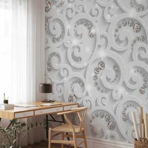 Carta da parati Opulenza astratta - fiori con diamanti su sfondo bianco