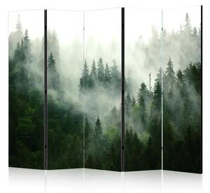 Paravento design Bosco di conifere II - paesaggio di bosco di conifere con nebbia
