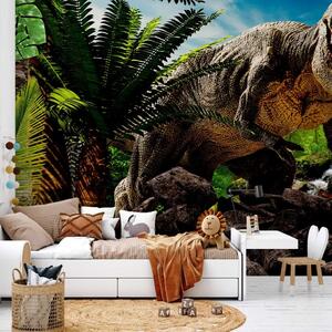 Carta da parati Tyrannosauro furioso - dinosauro tra alberi e rocce